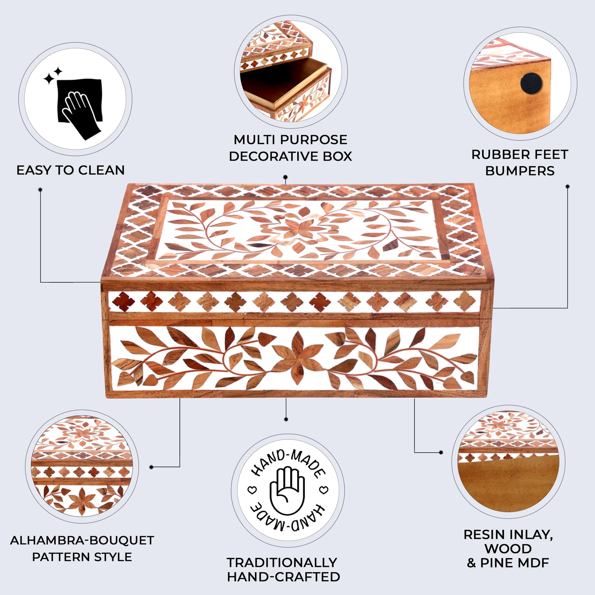 Decorative Storage Box Alhambra Bouquet Wood & Resin Inlay in 12 x 8 x 4 inch