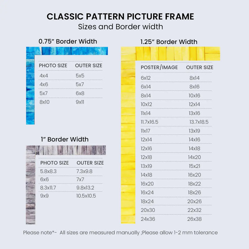Size Chart for Picture Frames Classic Pattern Bone Inlay Collection in 27 Sizes, Orange