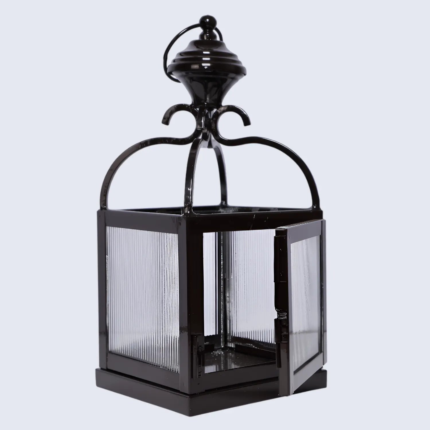 Metal & Ribbed Glass Dome Lantern, Glossy Brown