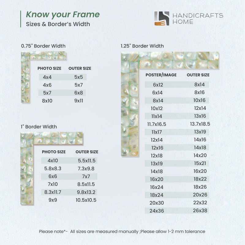 Size Chart for Picture Frames Mother of Pearl Collection in 27 Sizes, Green