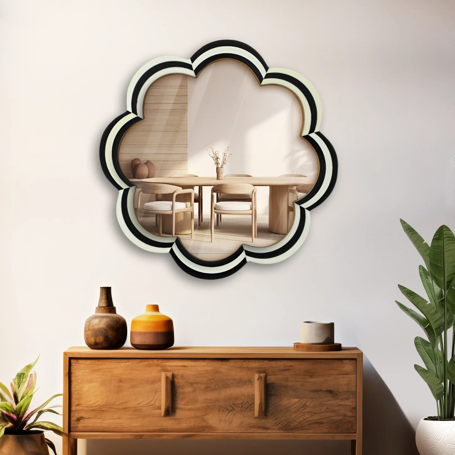 15" Black & White Resin Inlay Round Scalloped Boho Wall Mirror