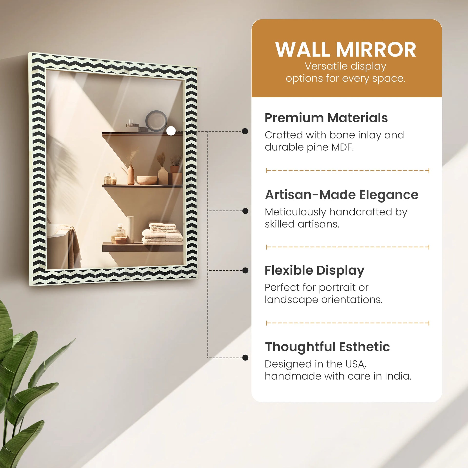 20"x16" Rectangular Mirror – Black White Herringbone MDF Frame