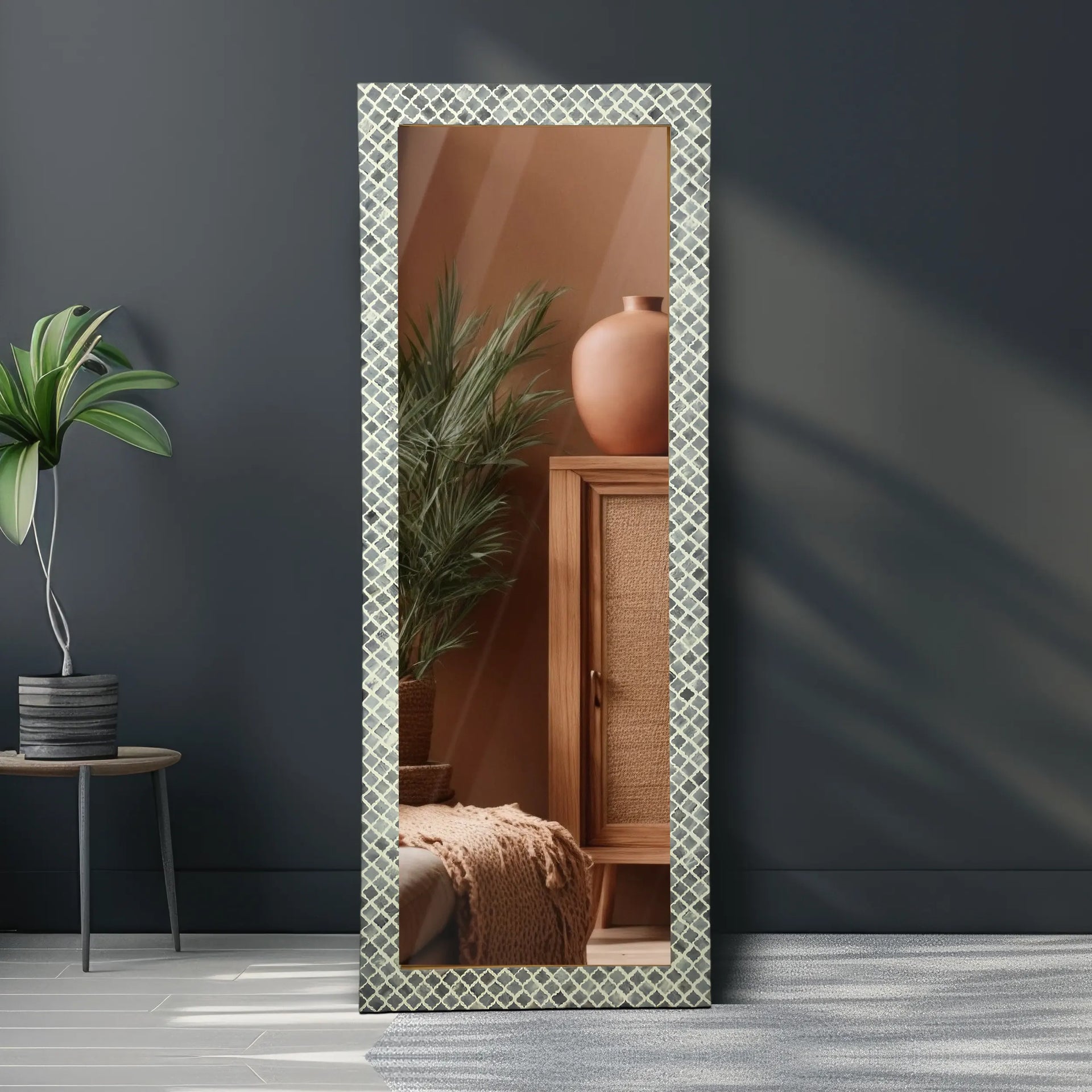 60"x22" Blue & White Moroccan Bone Inlay Decorative Floor Mirror