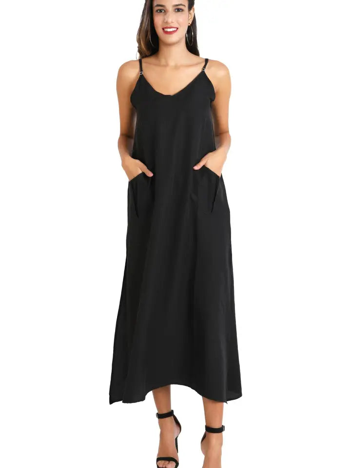 Cami Strap Maxi Kaftan Dress with V Neck, Pockets & Side Slits