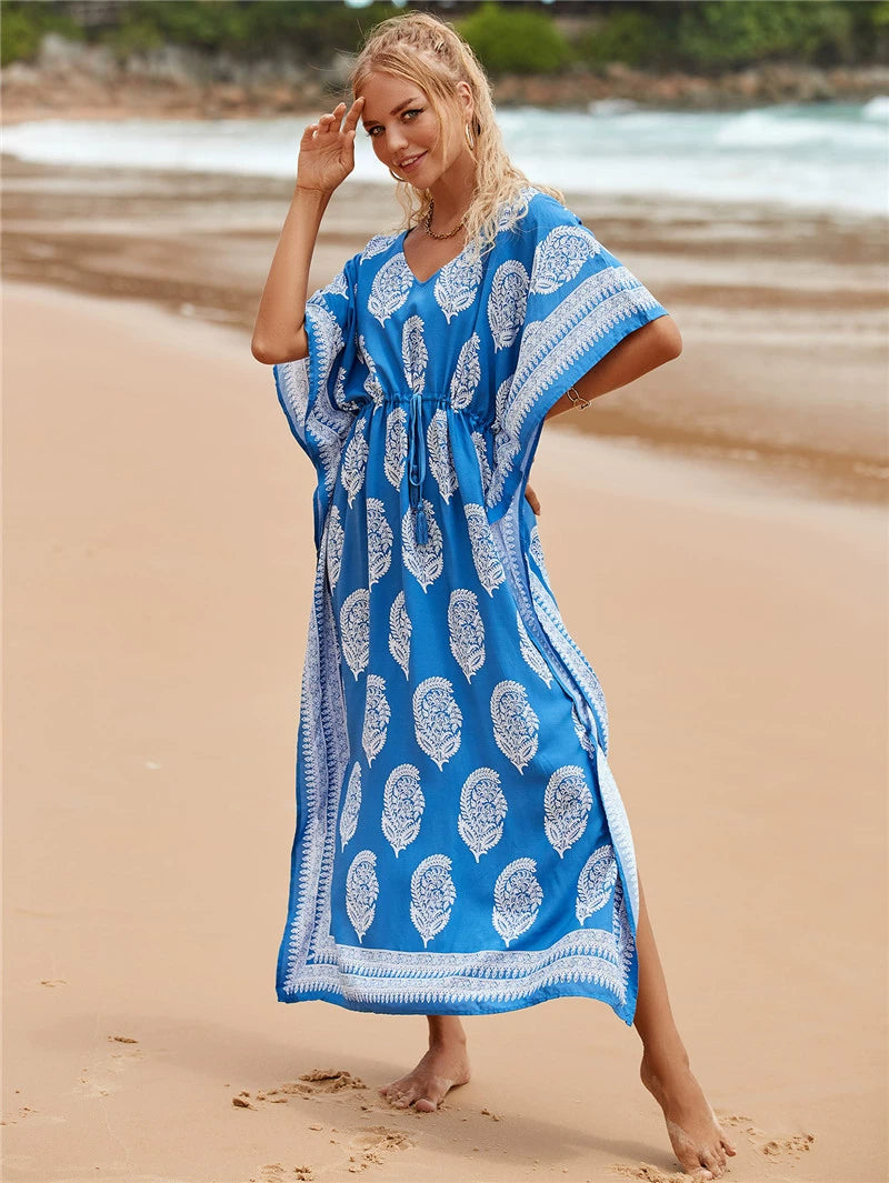 Blue Printed Cotton Blend Kaftan Dress with Pockets in S-3XL