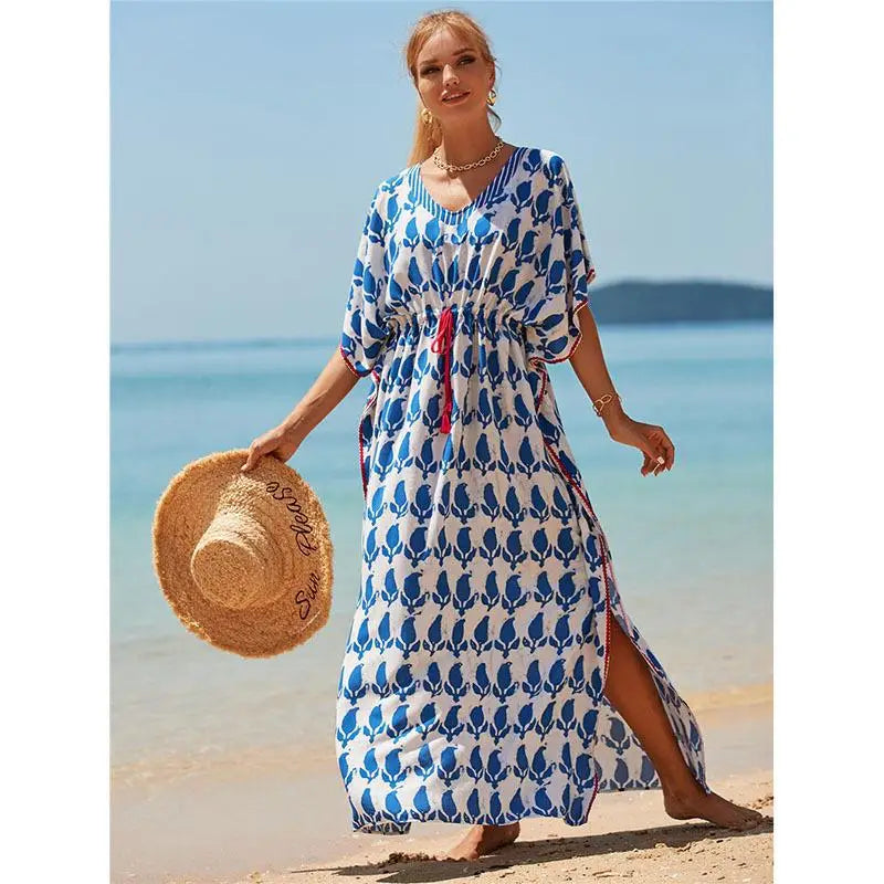 Kaftan Summer Dresses, Tassel Strings waist Blue Leaf, S-3XL