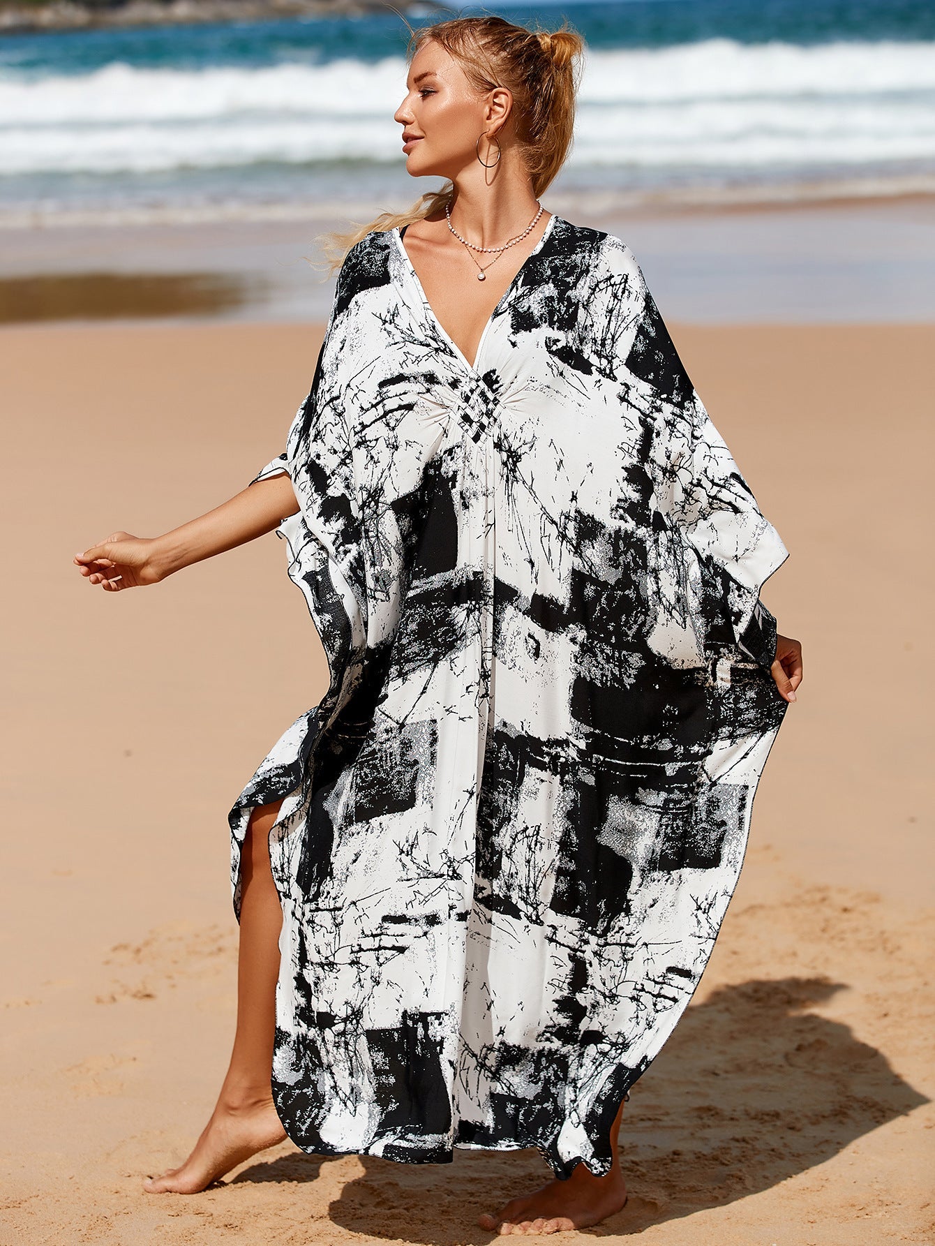 Kaftan Summer Dresses, Braided V-Neck - Black Abstract, S-3XL