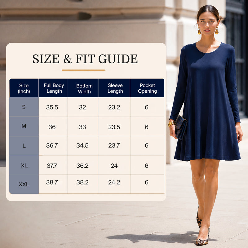Size Chart for long sleeve t-shirt dress with pockets beige available in 5 colors S to 2XL