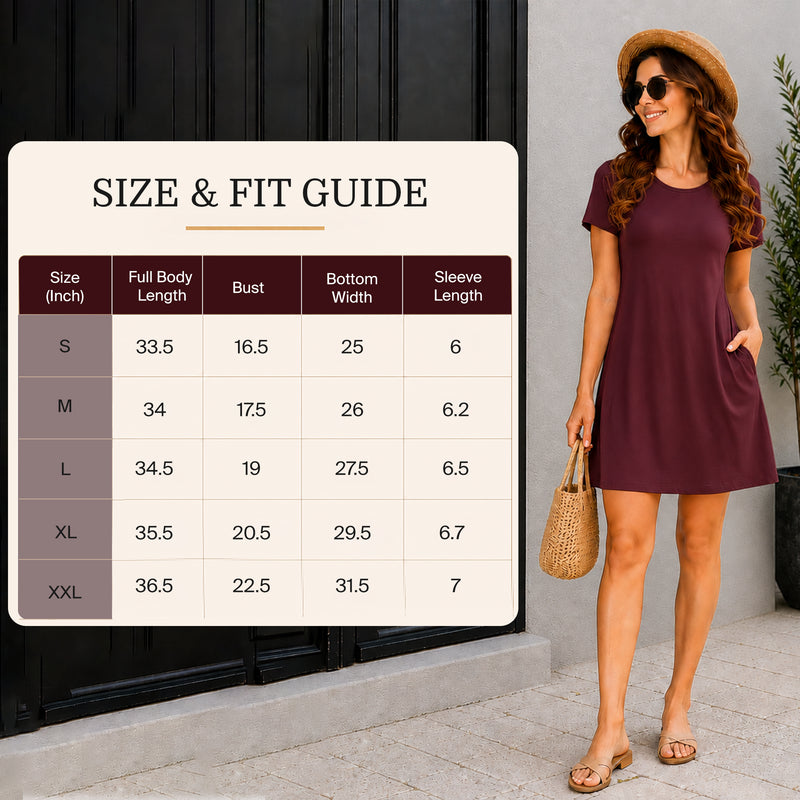 Size Chart for Short Sleeve Loose Fit T-Shirt Dress, 6 Colors, S-2XL