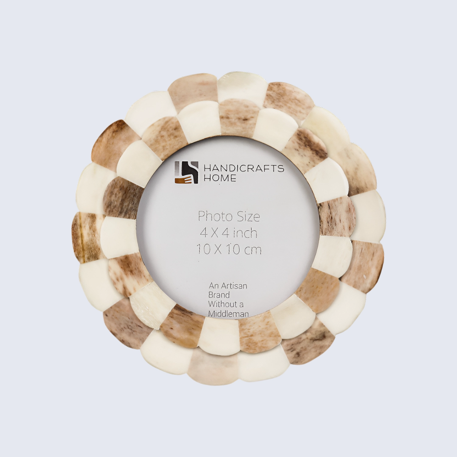 Round Baby Picture Frames Scalloped Pattern Bone Inlay 4x4 Inch, Brown