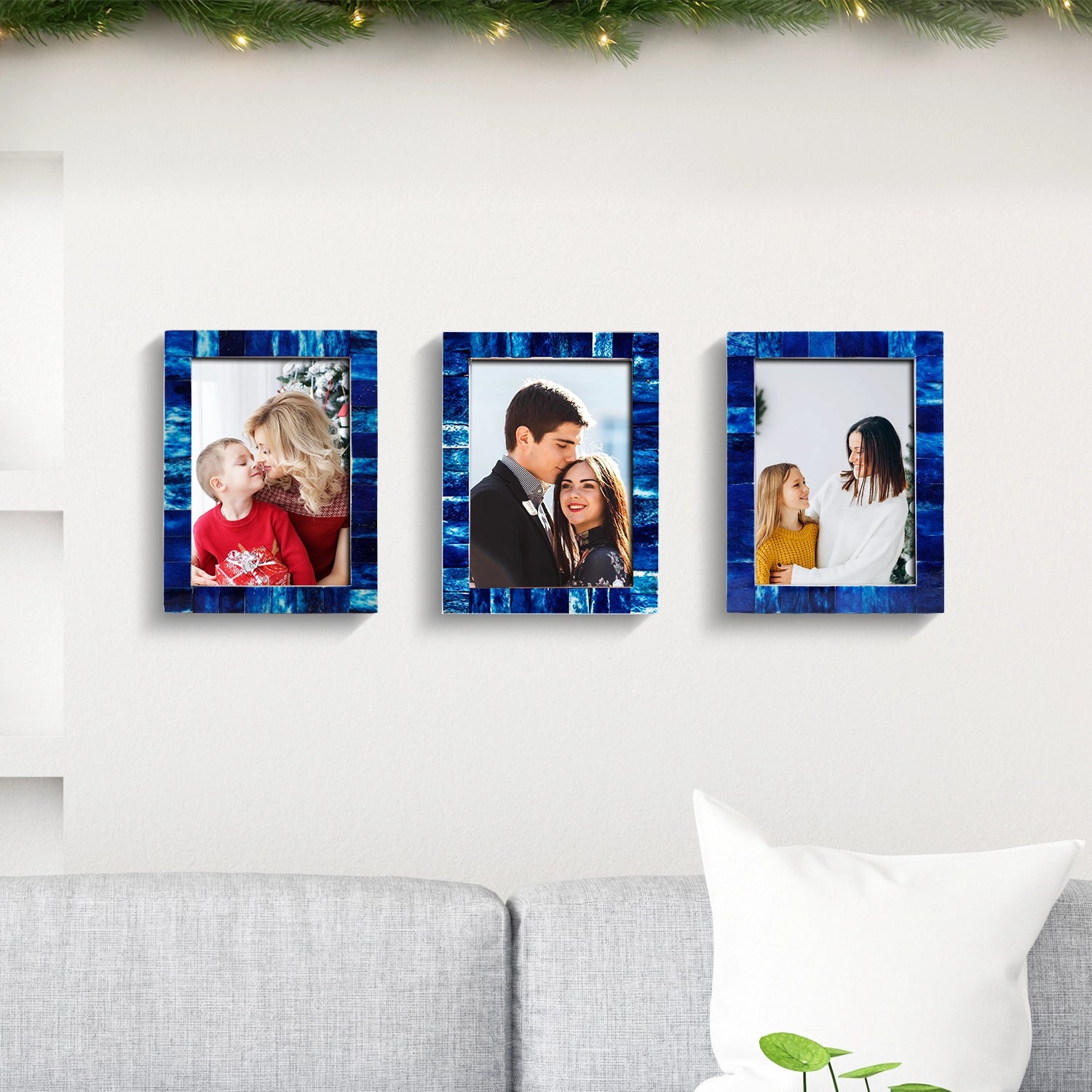 Picture Frames Classic Pattern Bone Inlay Collection in Blue, Pack of 3