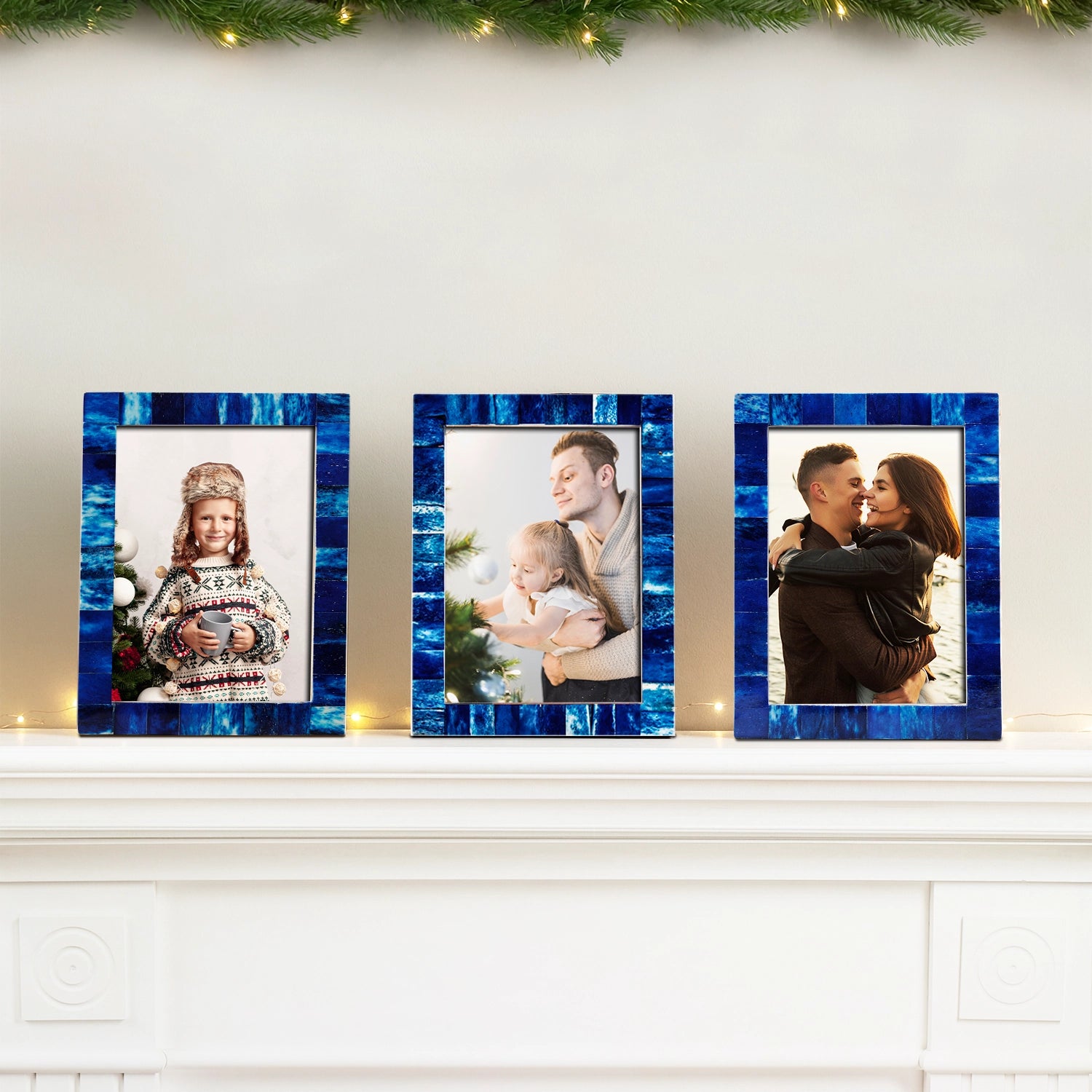 Picture Frames Classic Pattern Bone Inlay Collection in Blue, Pack of 3