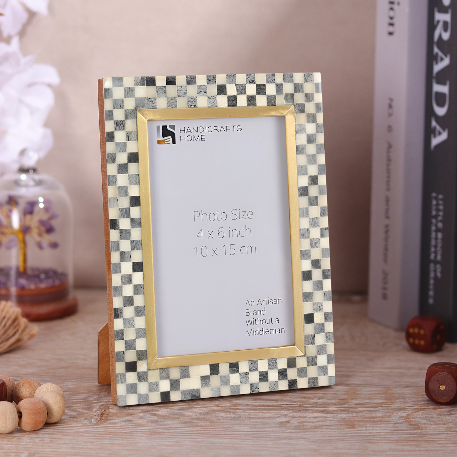 Bone Inlay & Brass Halo Pixels Pattern Picture Frame - 4x6