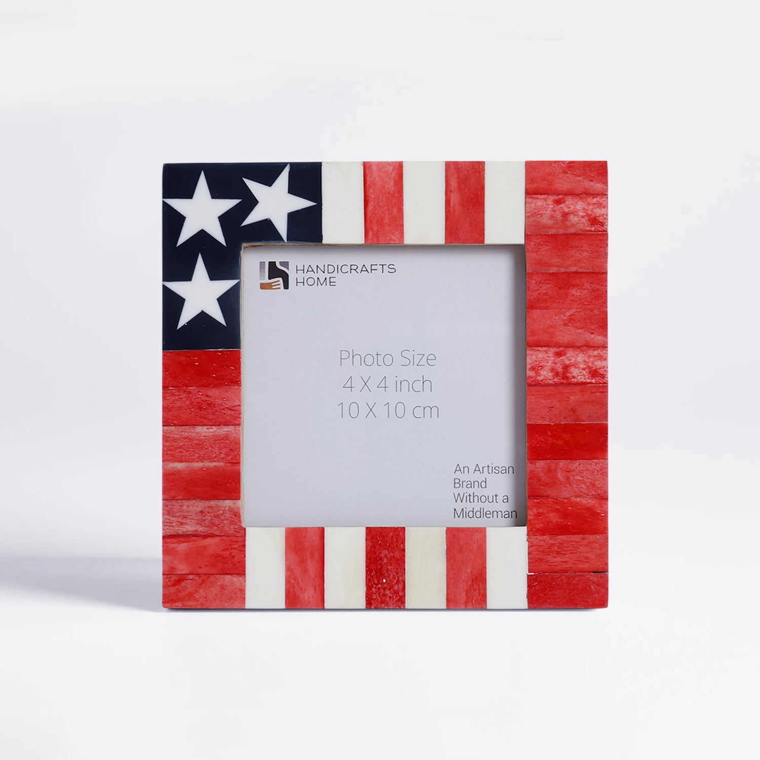 Square Baby Picture Frame USA American-Flag Pattern Bone & Resin Inlay, 4" x 4"