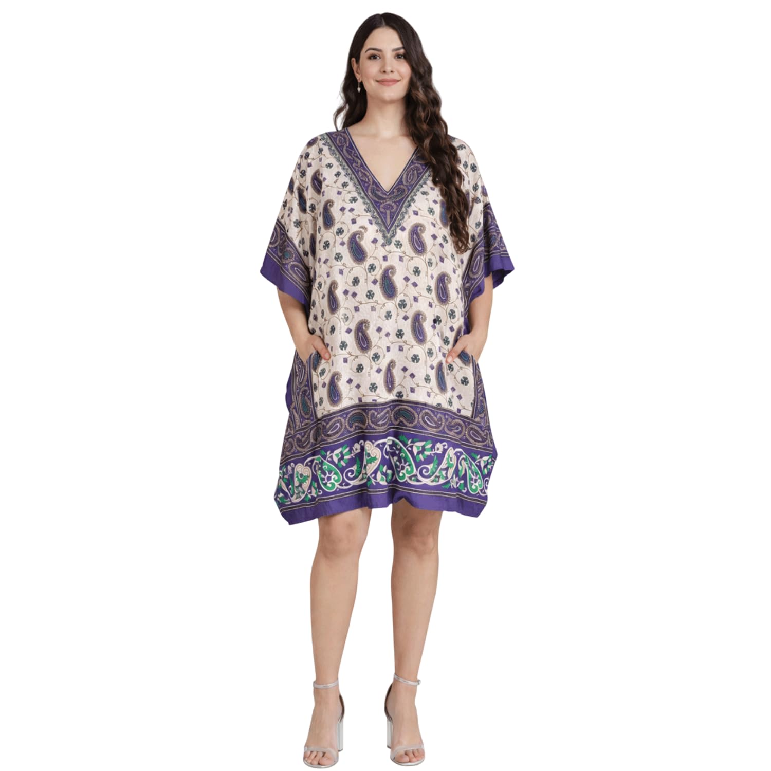 Women’s Short Kaftan Dress – Black Paisley Print | Plus Size Summer Beach Cover-Up, Lounge & Resort Wear
