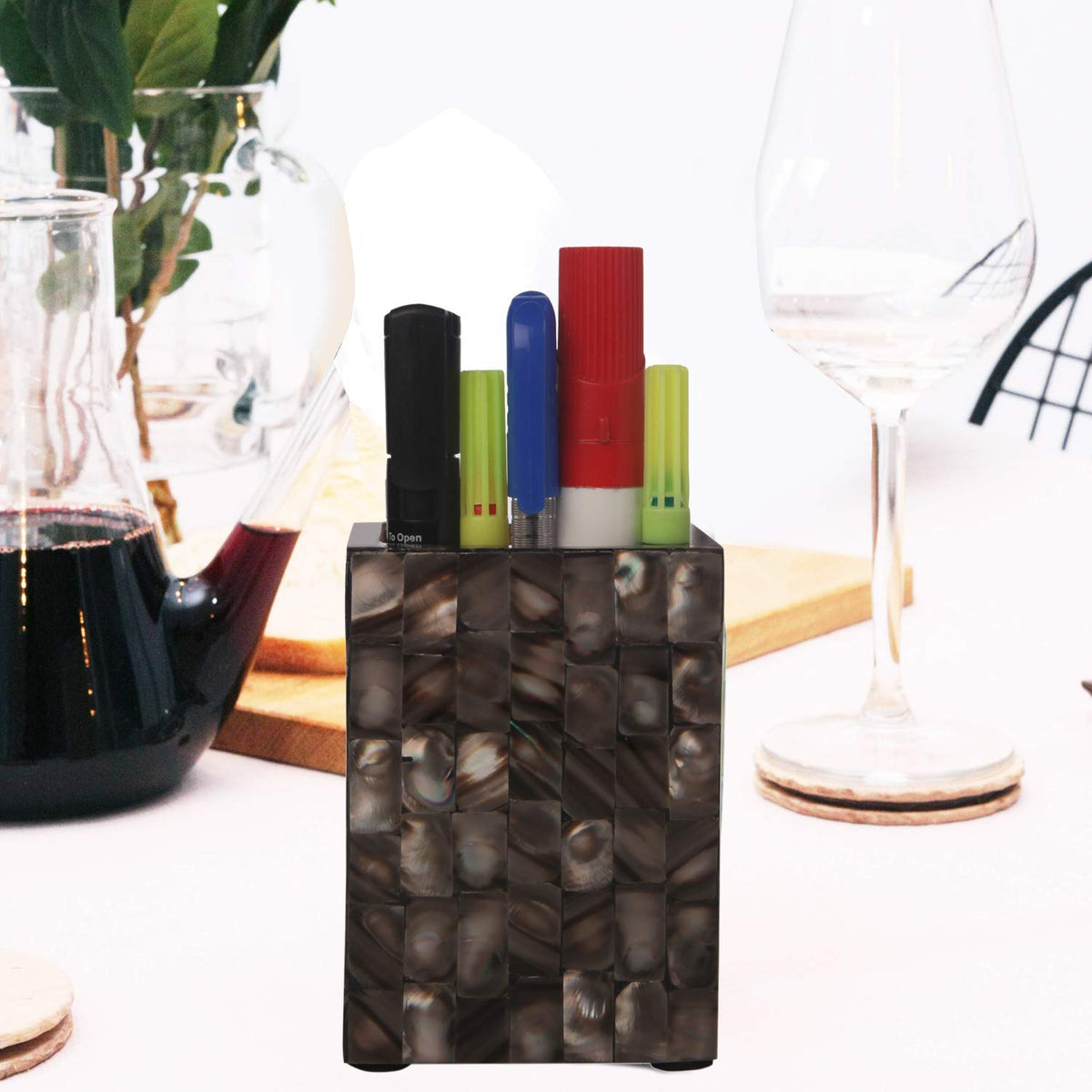 Pen Holder Mother of Pearl Black 3x4 Inch Handicraftshome