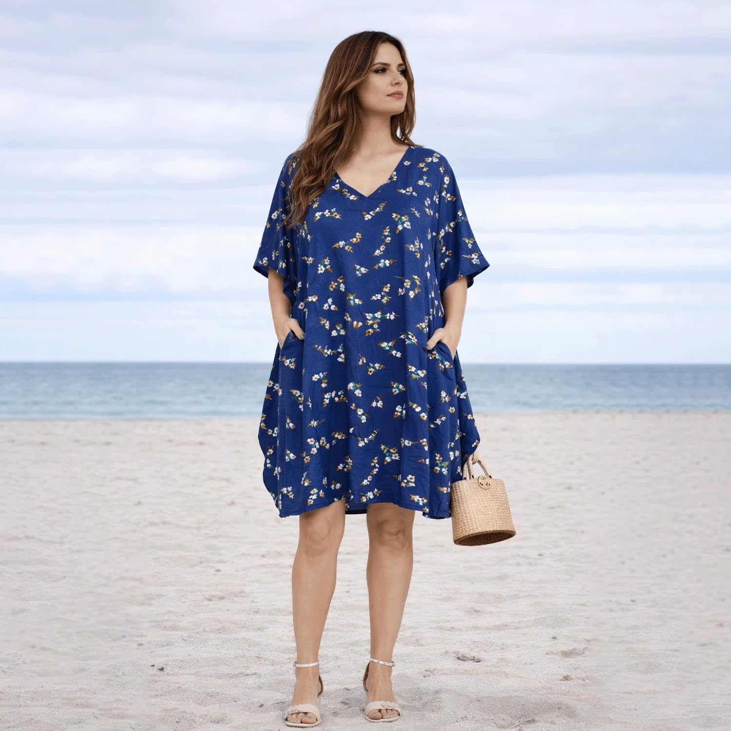 Women’s Short Kaftan Dress – Plus Size Polyester Tunic V-Neck Mini Beach Cover-Up, Summer Swimwear & Bikini Cover-Up