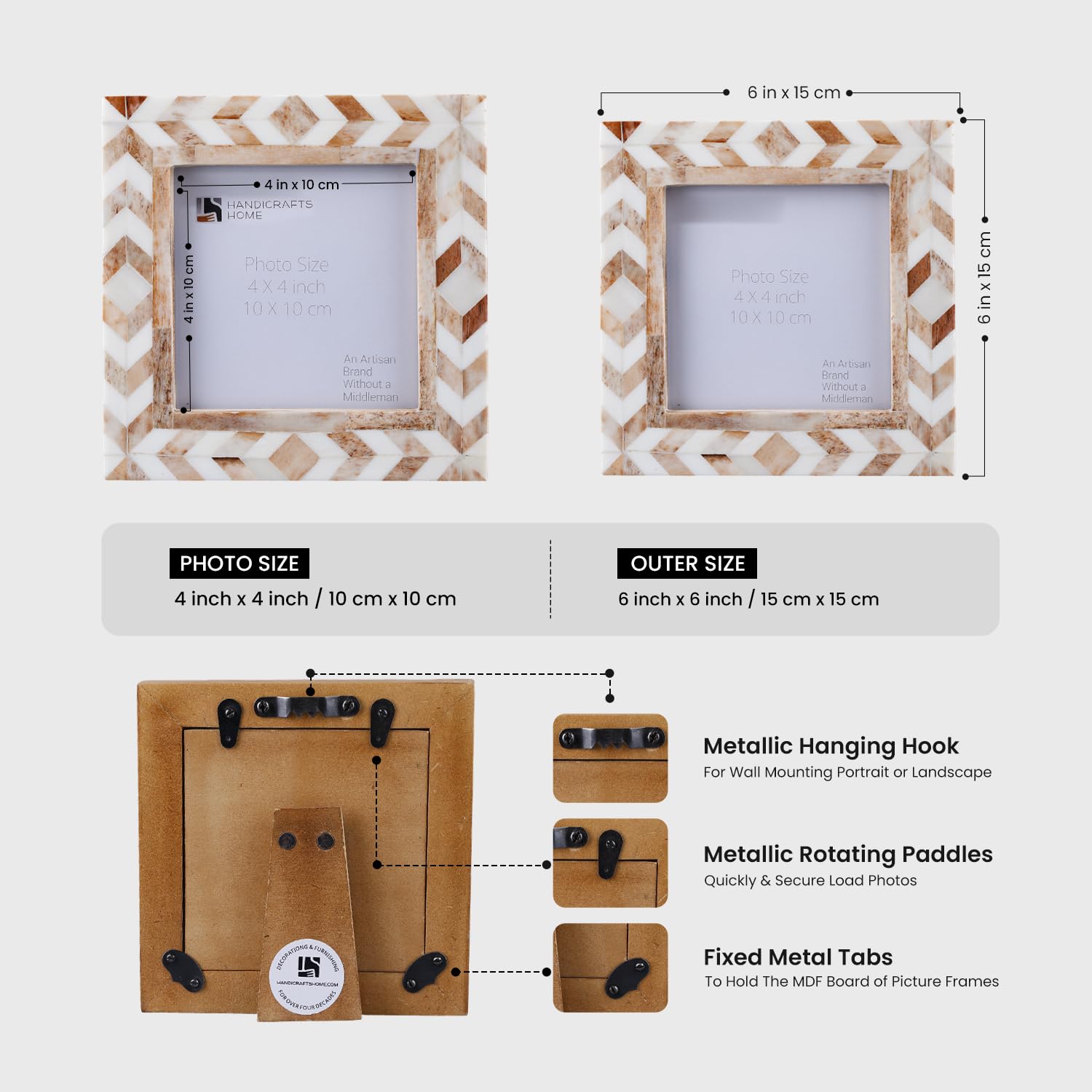 Square Baby Picture Frames Chevron Pattern Bone Inlay 4x4 Inch, Brown