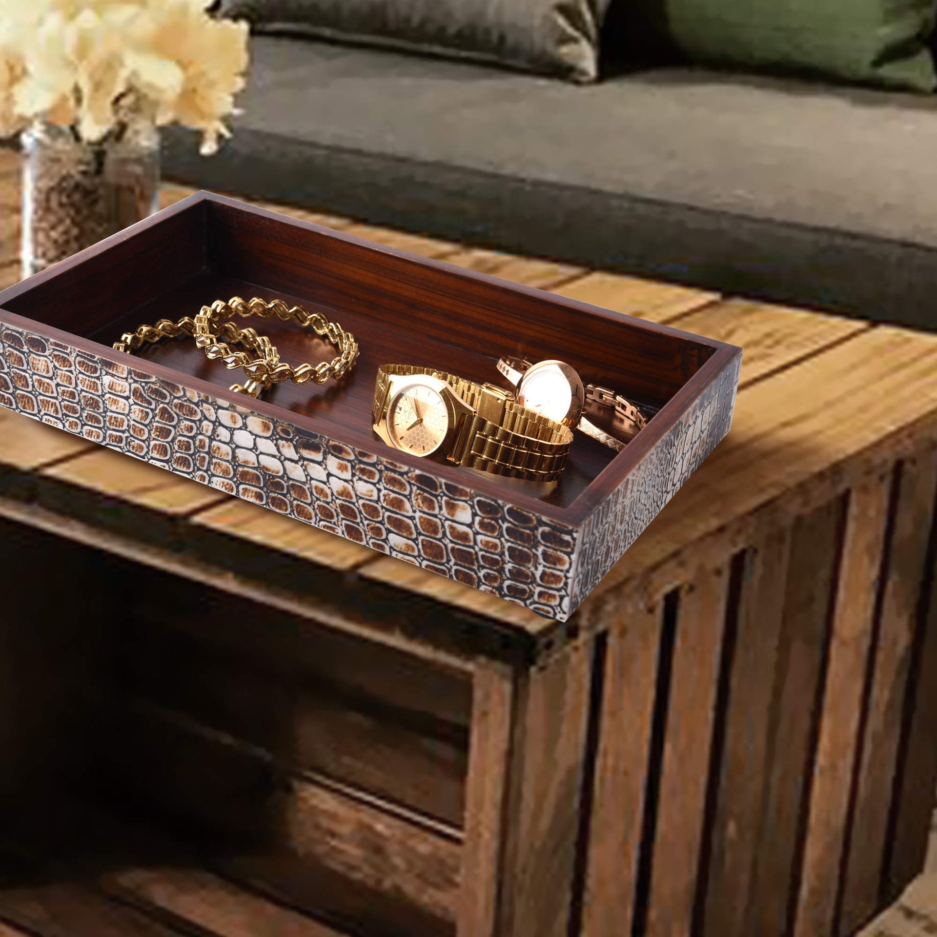 Vanity Trays Parlour Snap Collection Bone Inlay, Brown, 10" x 6"