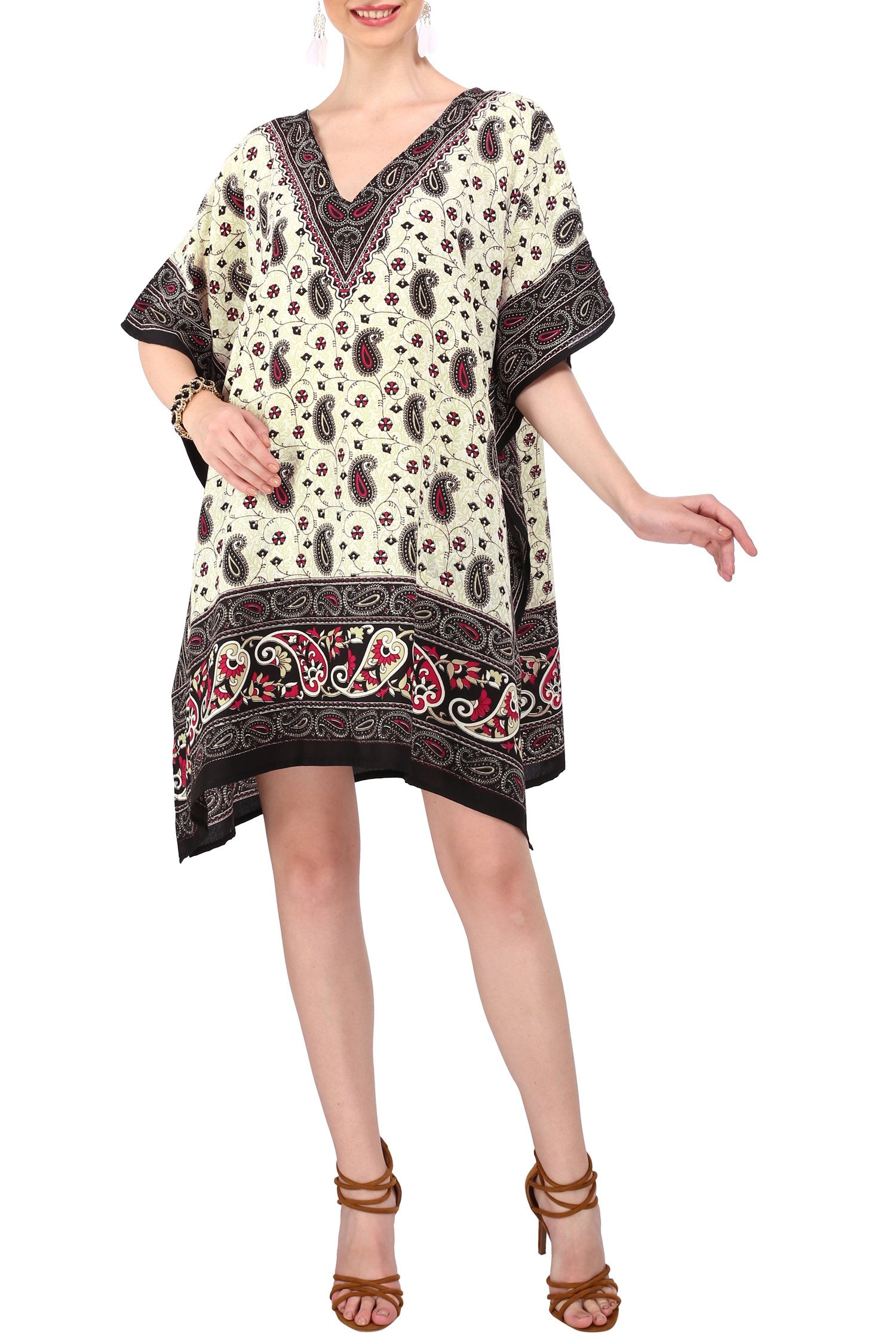 Women’s Short Kaftan Dress – Black Paisley Print | Plus Size Summer Beach Cover-Up, Lounge & Resort Wear