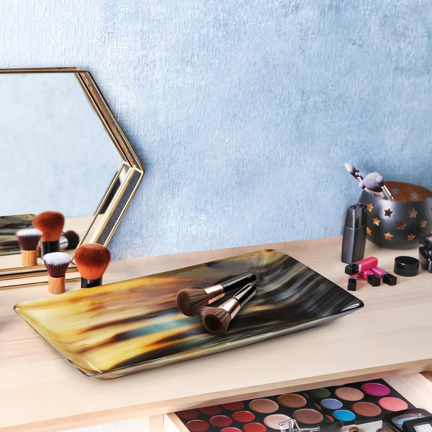 Decorative Horn Vanity Serving Tray in 4x7 inch, Black & Brown