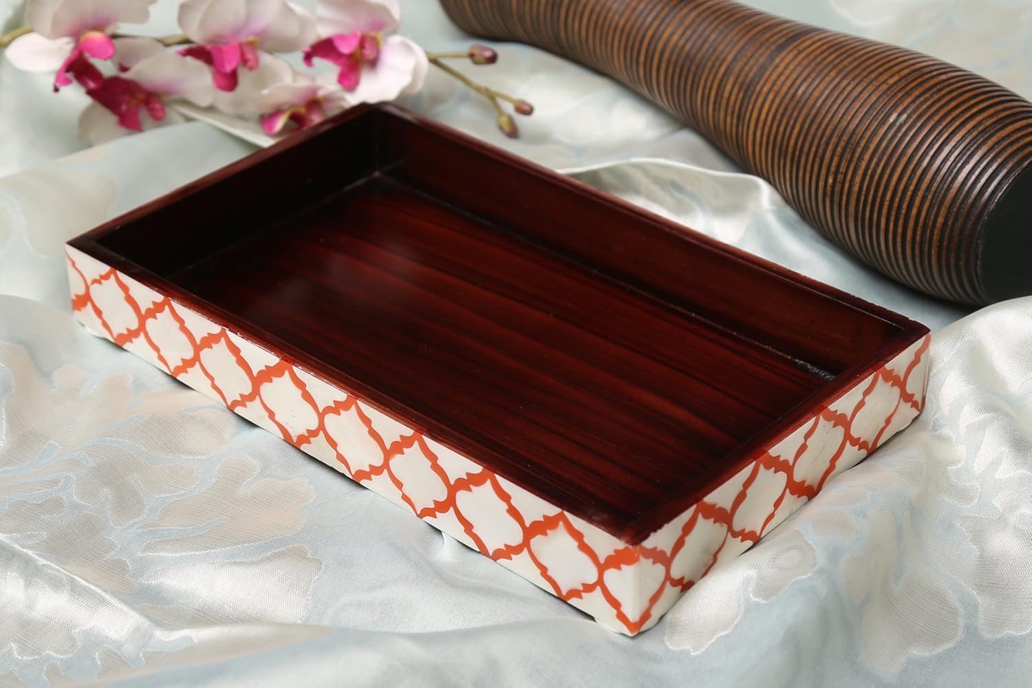 Vanity Trays Moroccan Pattern Bone & Resin inlay, White & Red, 10" x 6"
