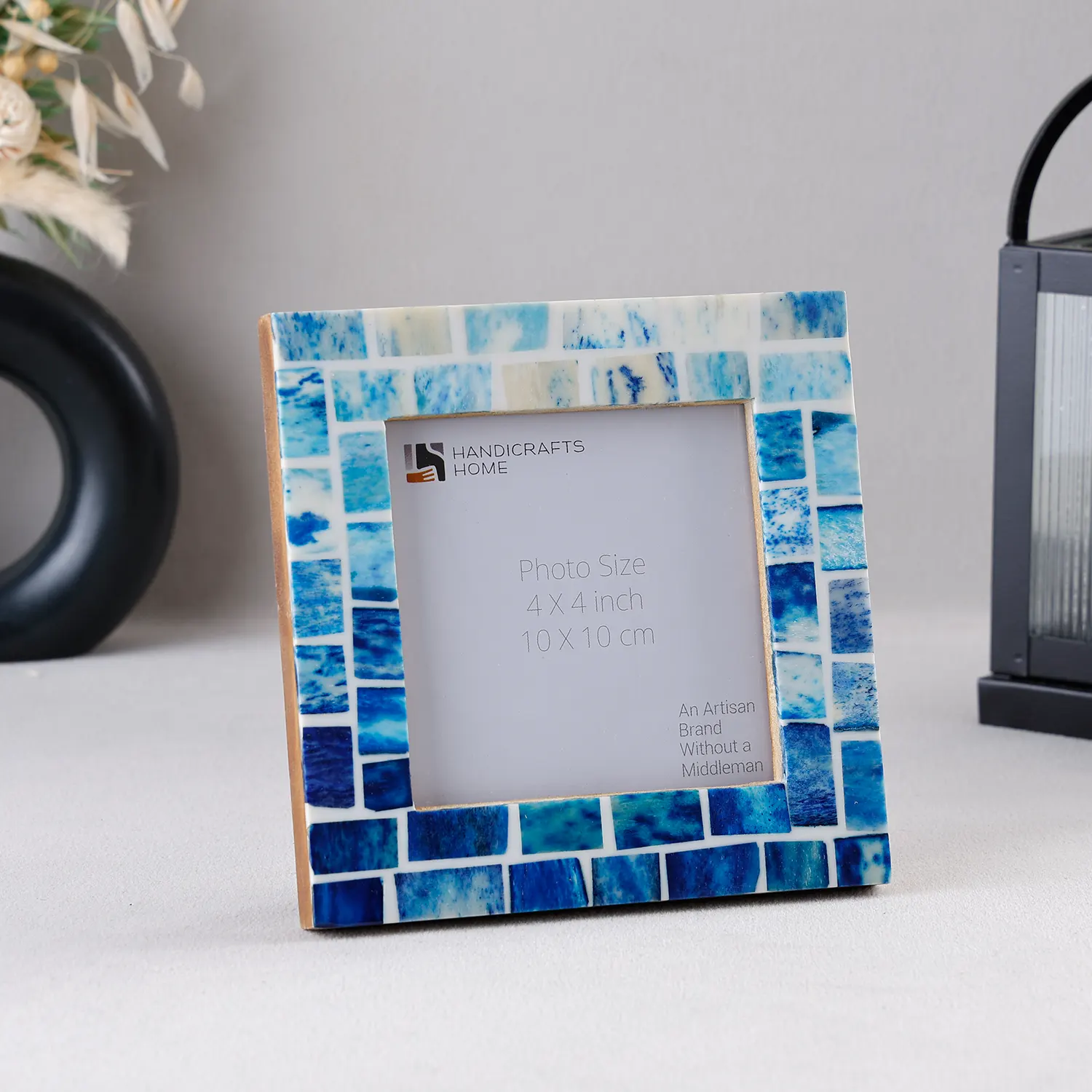 Square Baby Picture Frames Indigo Pattern Bone Inlay 4x4 Inch Display Size