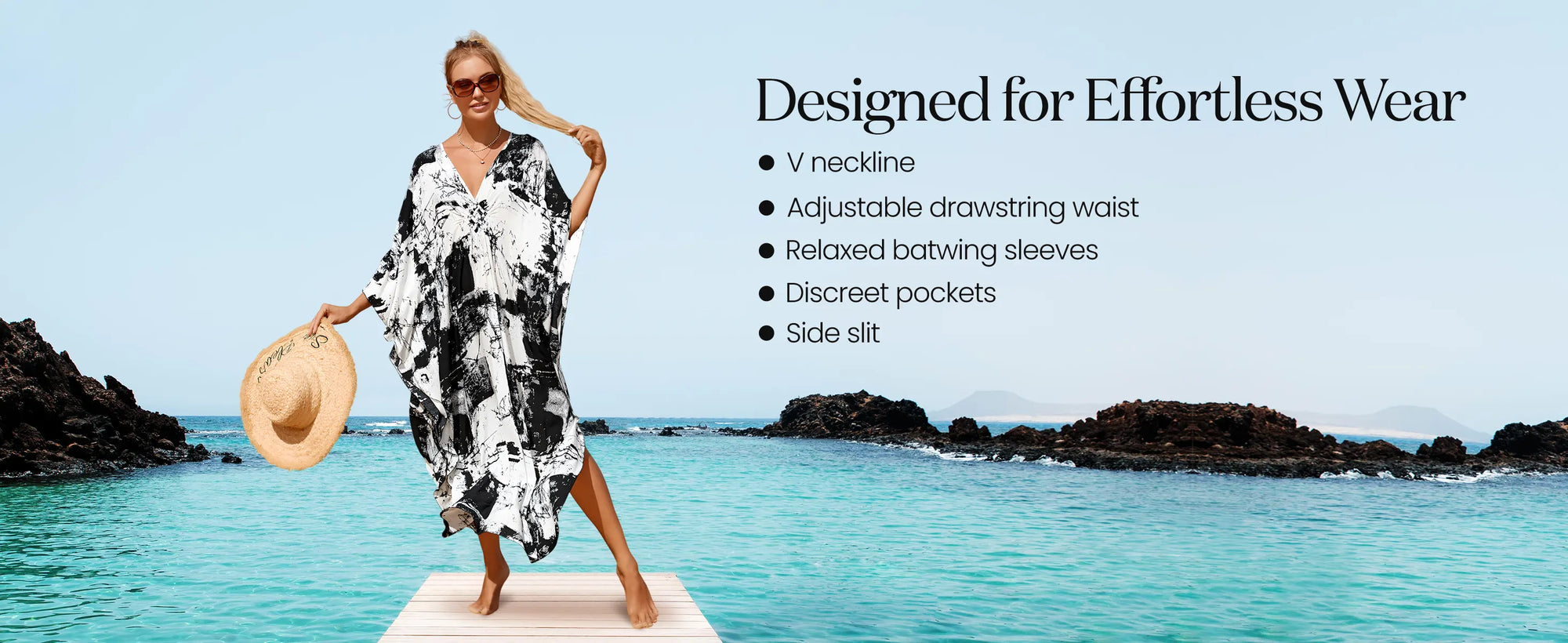 Kaftan Summer Dresses Braided V-Neck, Black Abstract, S to 3XL