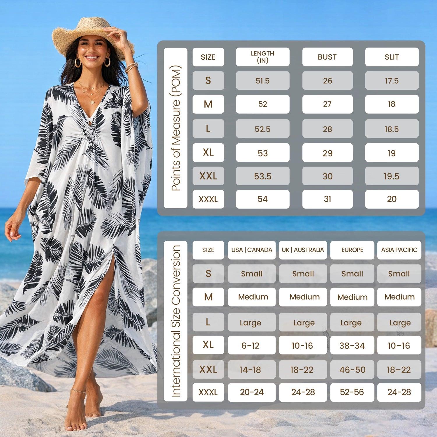 Tropical Leaf Print White & Black Kaftan Dress, Free Size