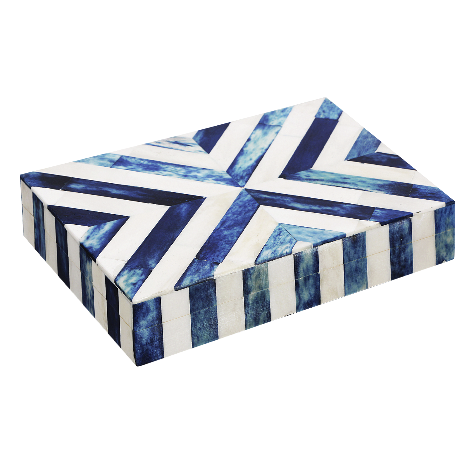 Chevron Pattern Decorative Storage Box, Bone Inlay in 6 Sizes, Blue & White