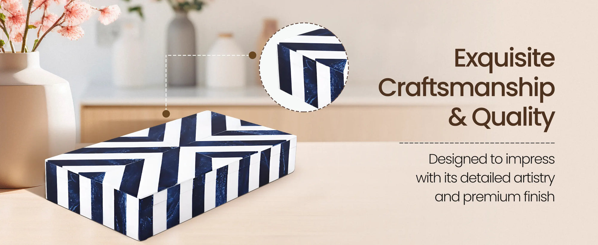 Chevron Pattern Decorative Storage Box, Bone Inlay in 6 Sizes, Blue & White