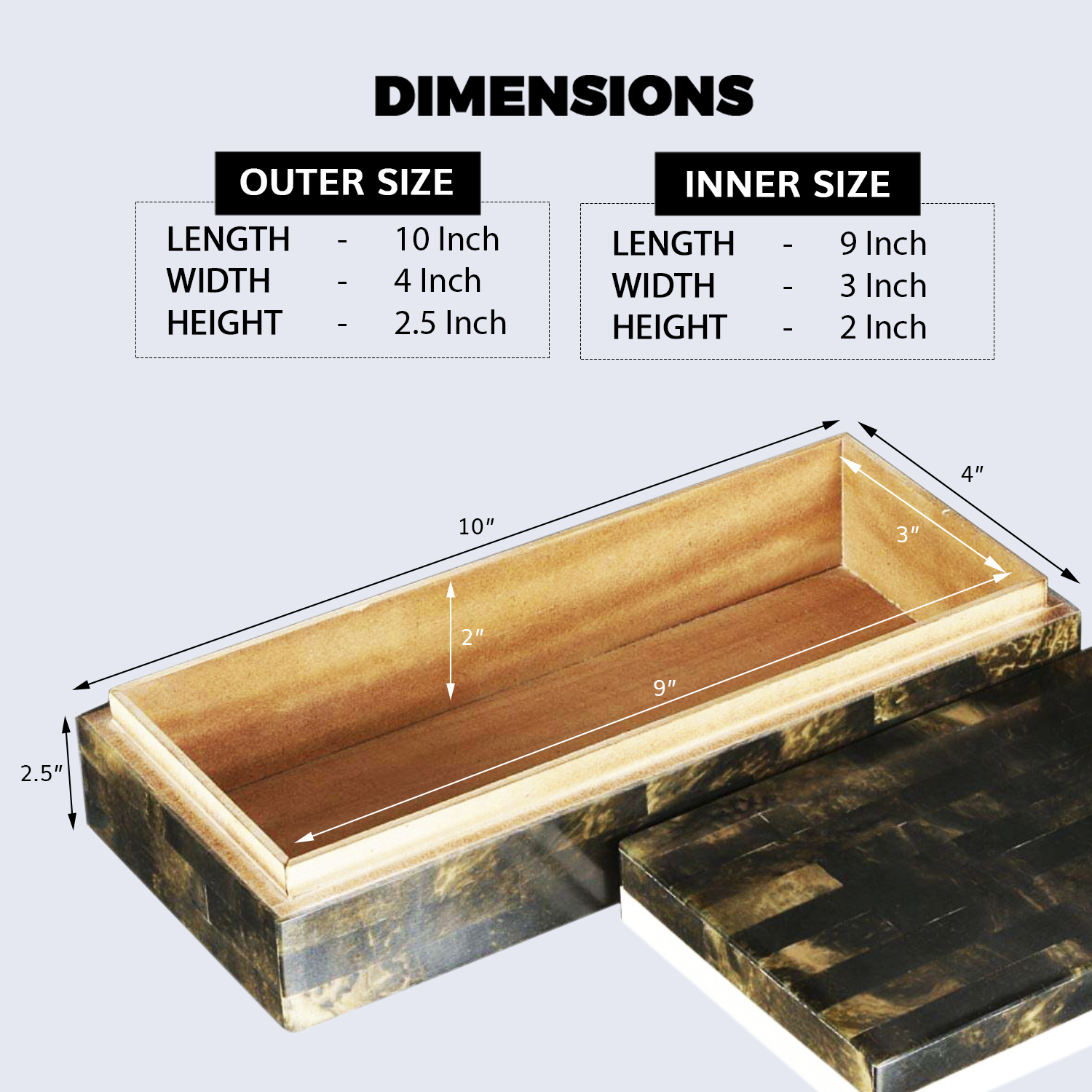 Decorative Box Quatrefoil Bone Inlay, Black White, 10"x4"x2.5"