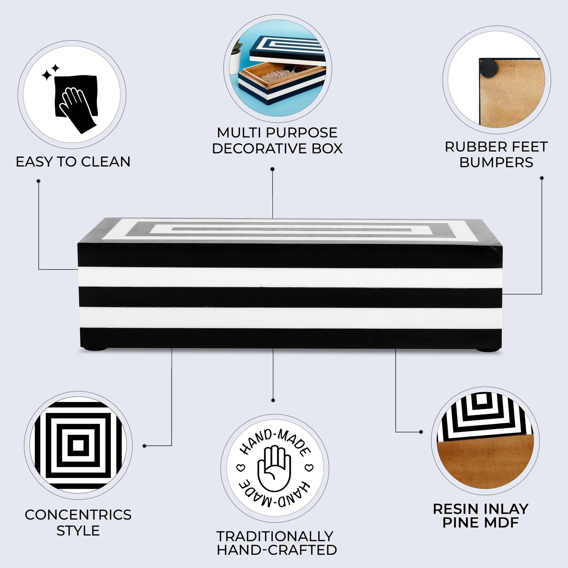 Medley Concentrics Pattern Decorative Storage Box, Resin Inlay in 8 Sizes, Black & White