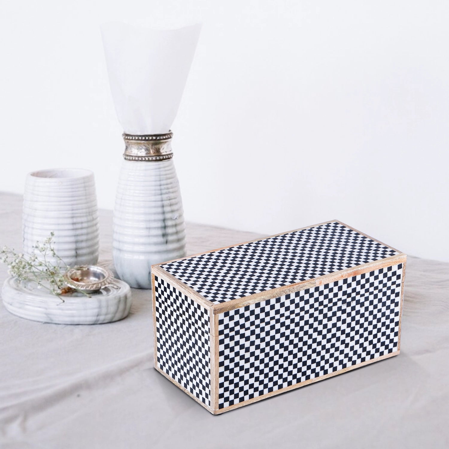 Decorative Storage Box Classic Checkered Pattern Resin Inlay, Black-White,  7 Sizes