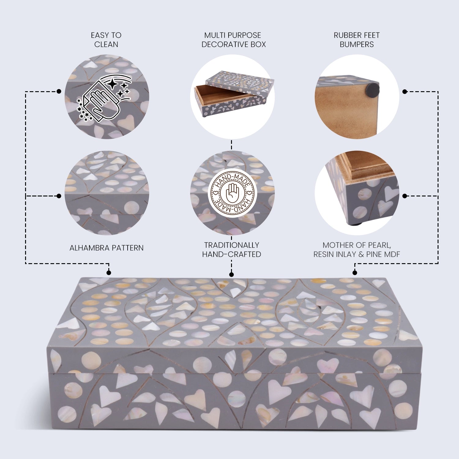 Polka & Prism Pattern Decorative Storage Box, Resin Inlay, Grey