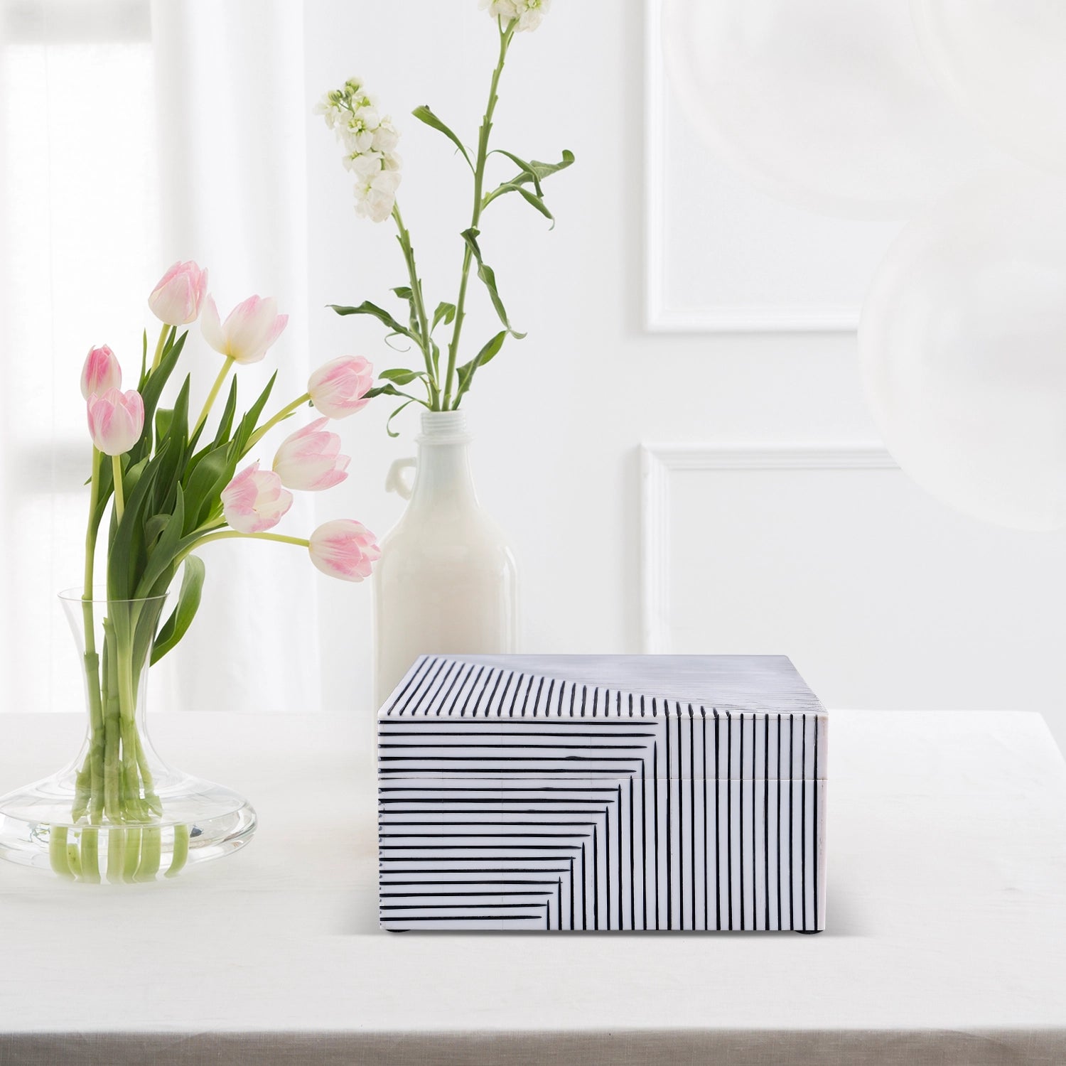 Black White Bone Inlay Decorative Storage Box – Illusion Strip Collection (Multiple Sizes)