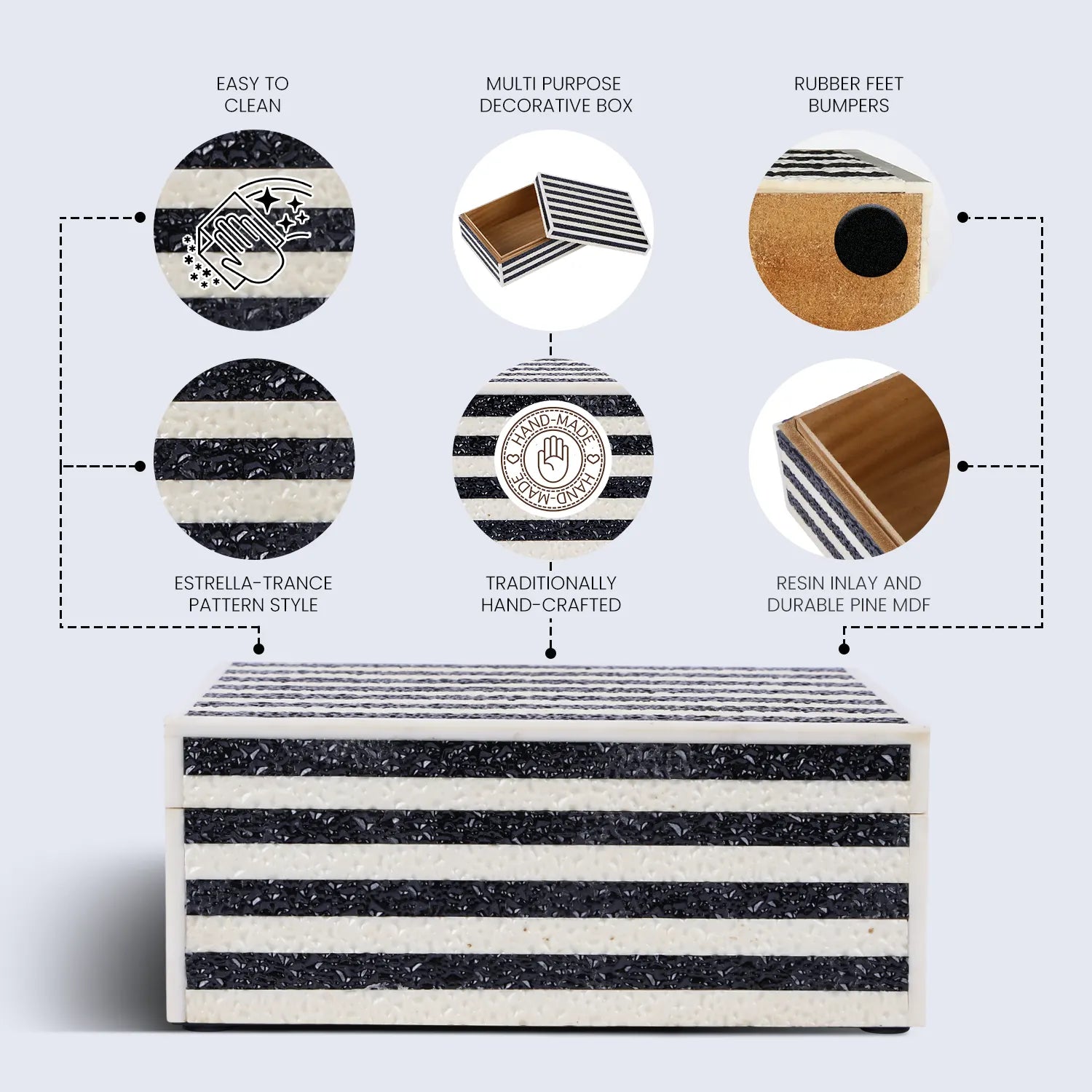 Decorative Storage Boxes Monochrome Striped Resin Inlay, Black-White, 4 Sizes