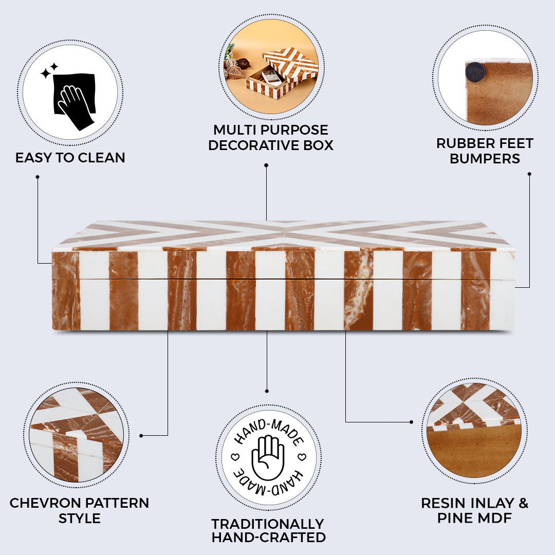 Chevron Pattern Decorative Storage Box, Bone Inlay in 6 Sizes, Brown & White