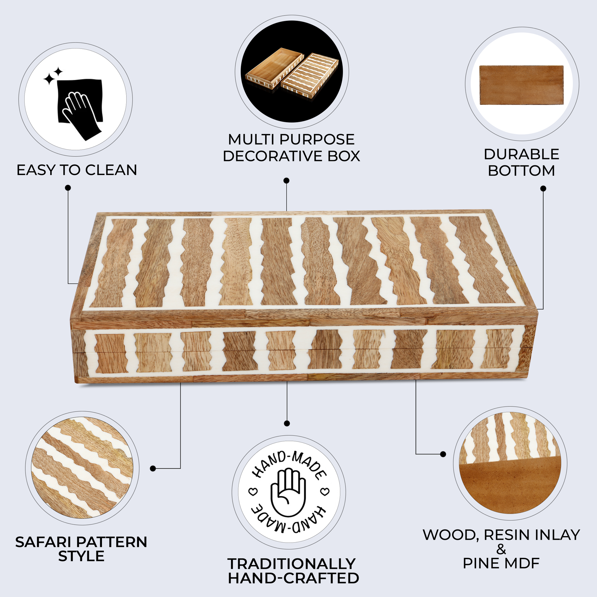 Decorative Box Kept Safari Pattern Wood & Resin Inlay Brown White available in 7 sizes