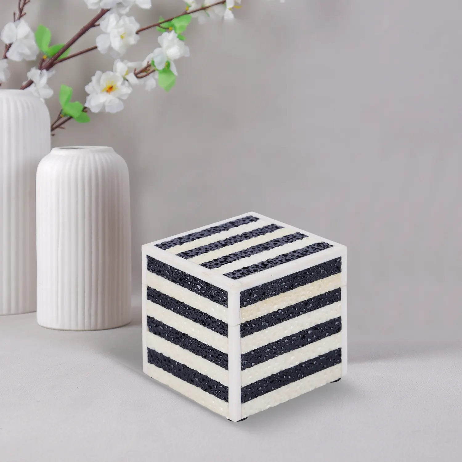 Decorative Storage Boxes Monochrome Striped Resin Inlay, Black-White, 4 Sizes