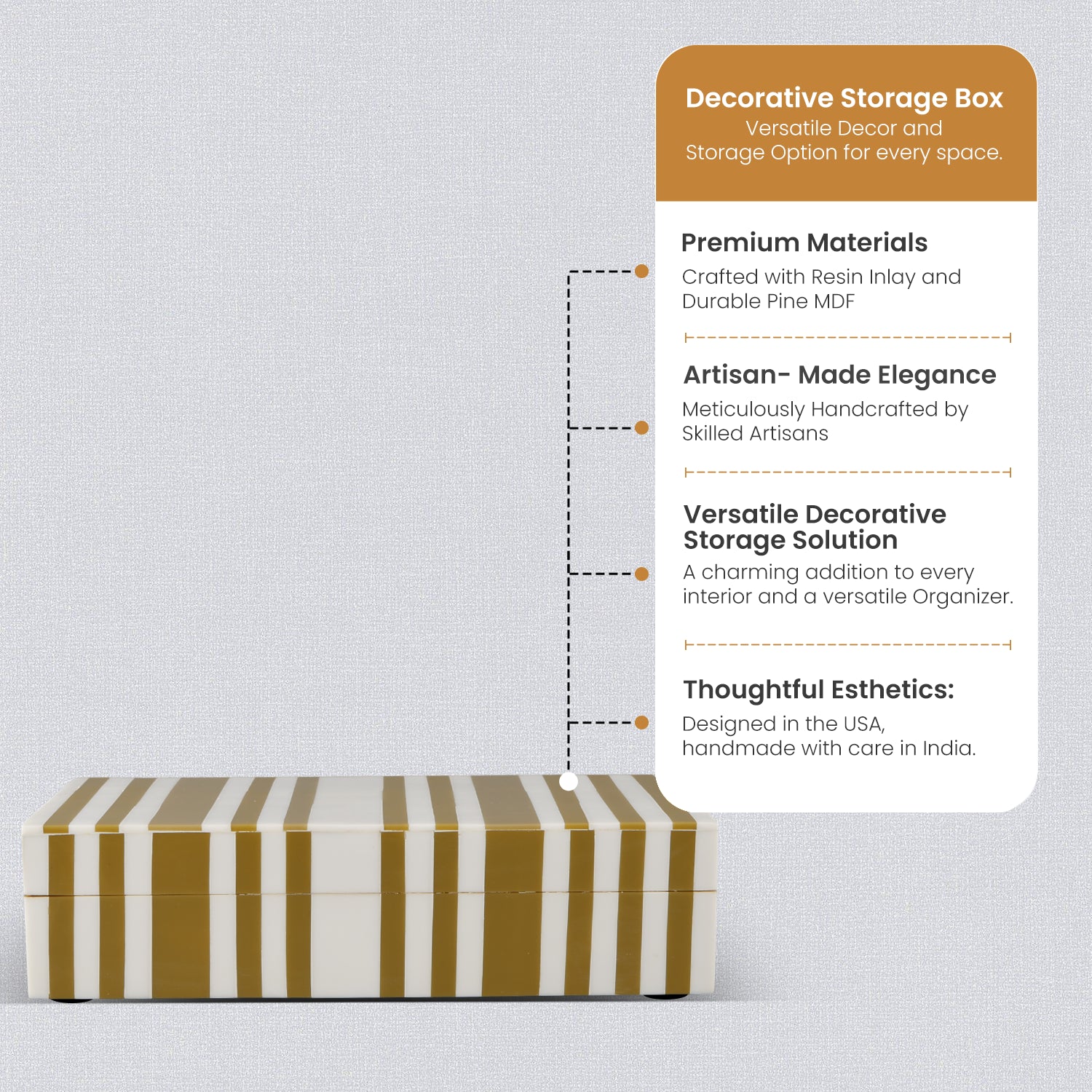 Ivory Stripped Gold White Decorative Box Resin inlay, 8"x5"x2"