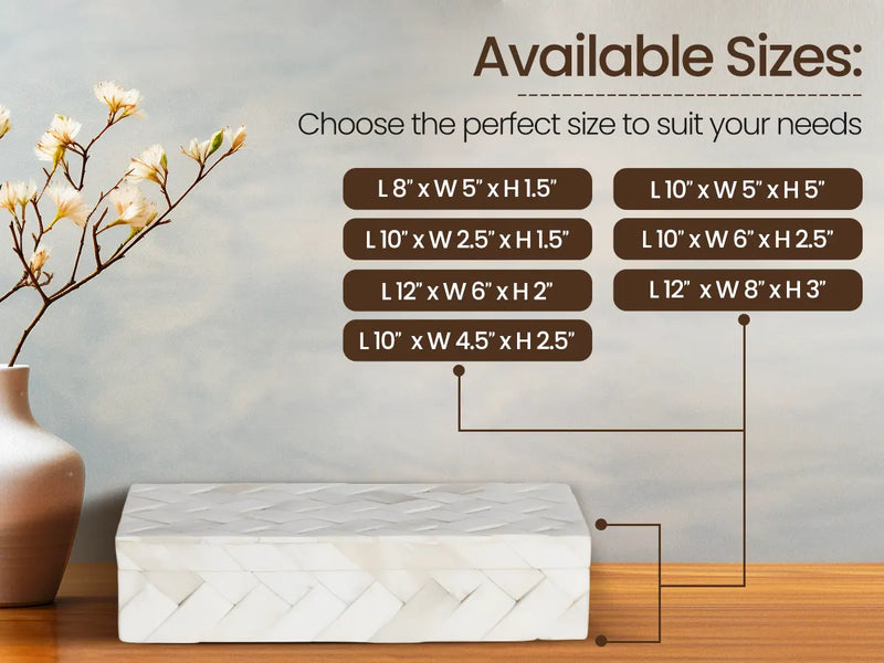 Size Chart for Braid Pattern Decorative Storage Box, Bone Inlay in 7 Sizes, Ivory