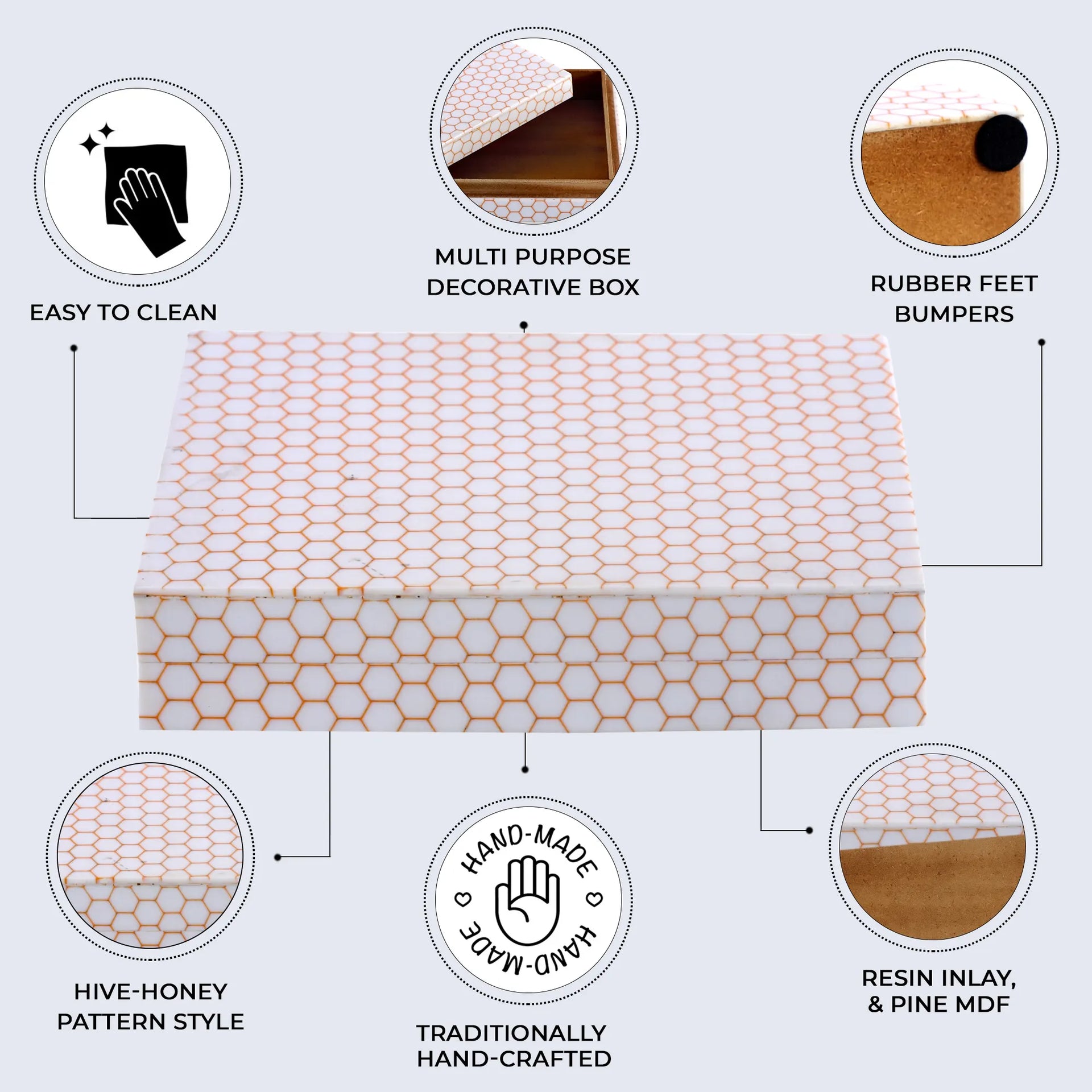 Decorative Storage Box Hive Honey Collection Resin Inlay, 8" x 6" x 1.5"