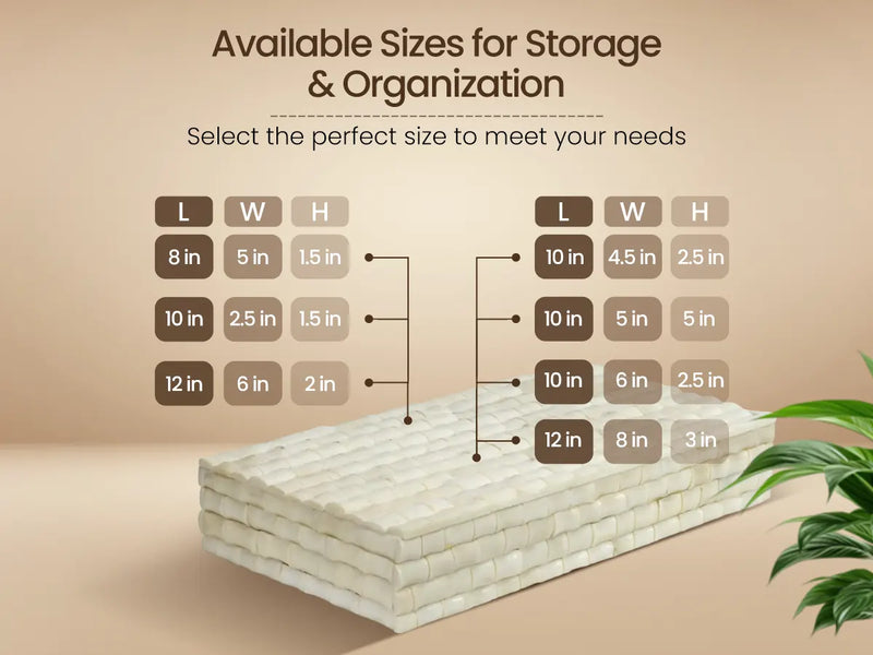 Size Chart for Ivory Bamboo Bone Inlay Decorative Storage Box in 7 Sizes