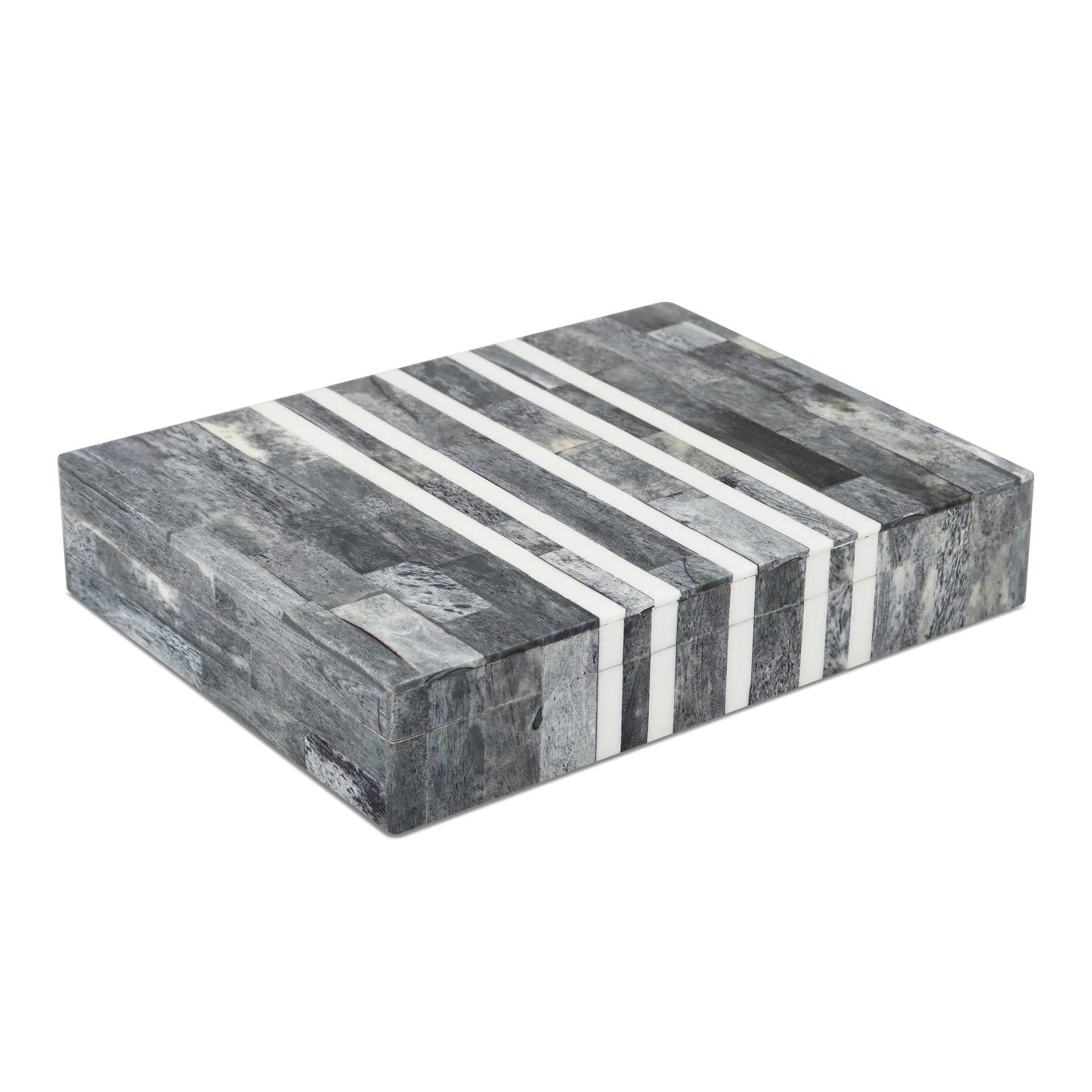 Patisserie Cafe Pattern Decorative Storage Box, Bone & Resin Inlay, 8"x6"x1.5", Grey