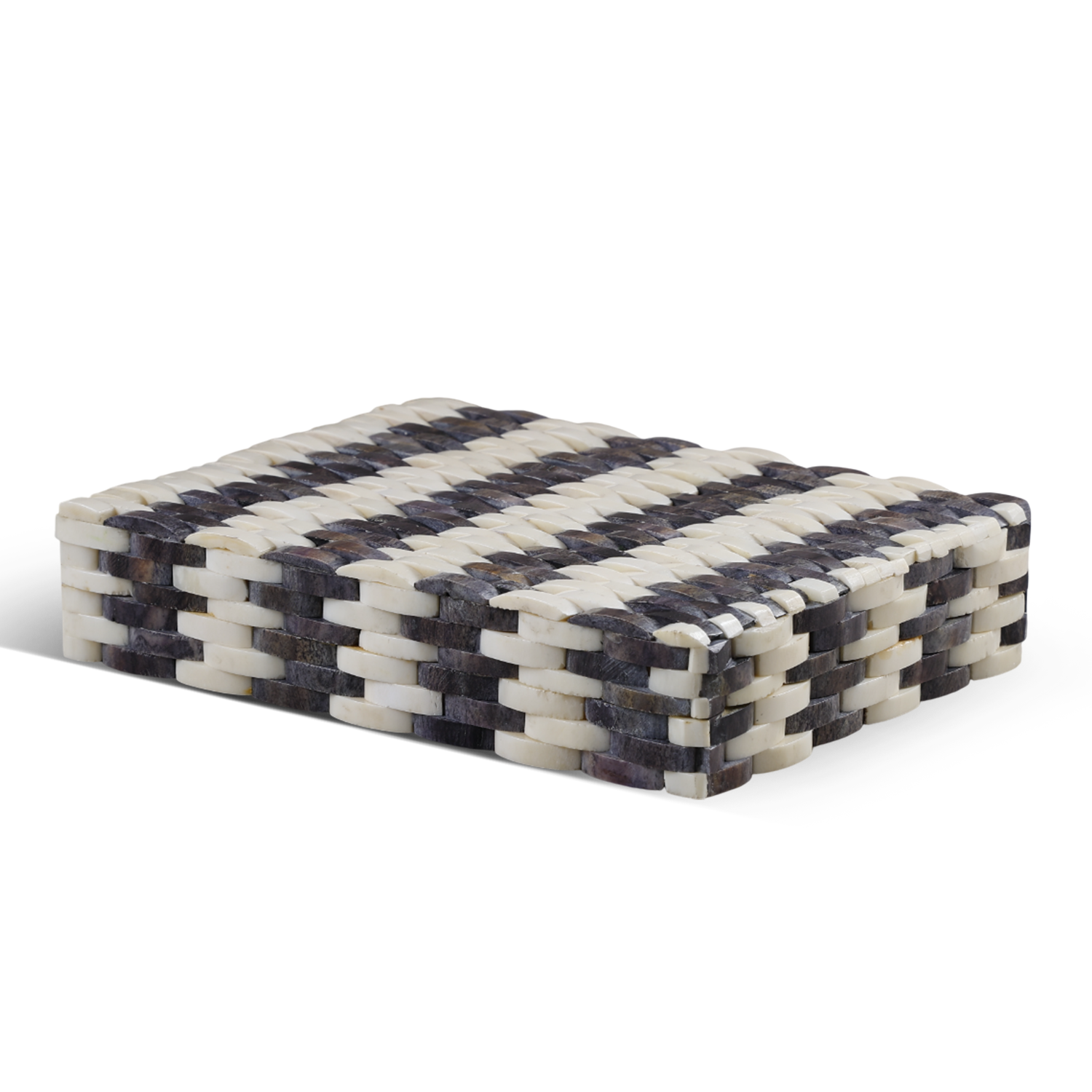 Weave Pattern Decorative Storage Box, Bone Inlay, 8x6x1.5 Inches, Grey & White