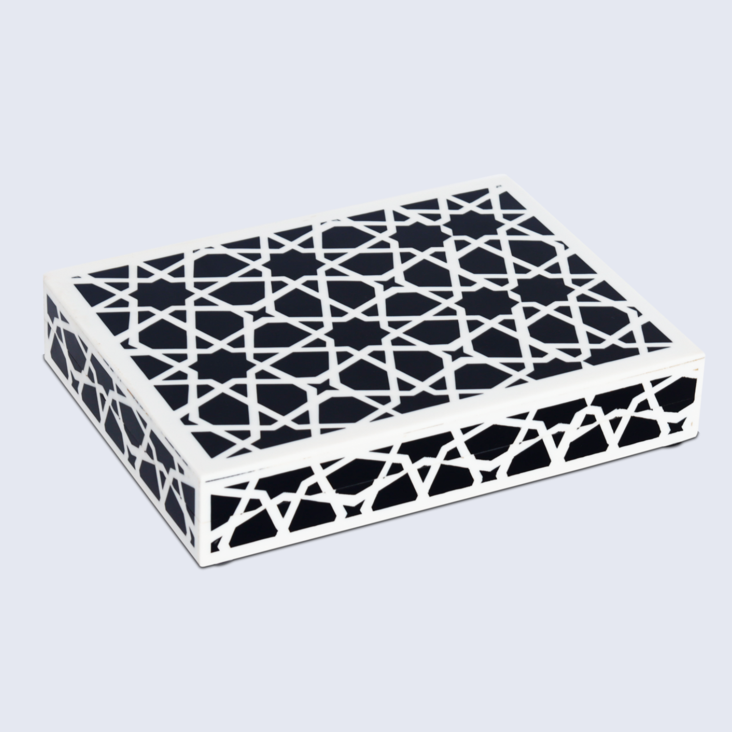 Zellij Pattern Decorative Storage Box, Resin Inlay, 8"x6"x1.5", Black & White