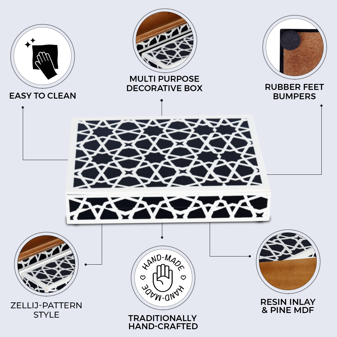 Zellij Pattern Decorative Storage Box, Resin Inlay, 8"x6"x1.5", Black & White