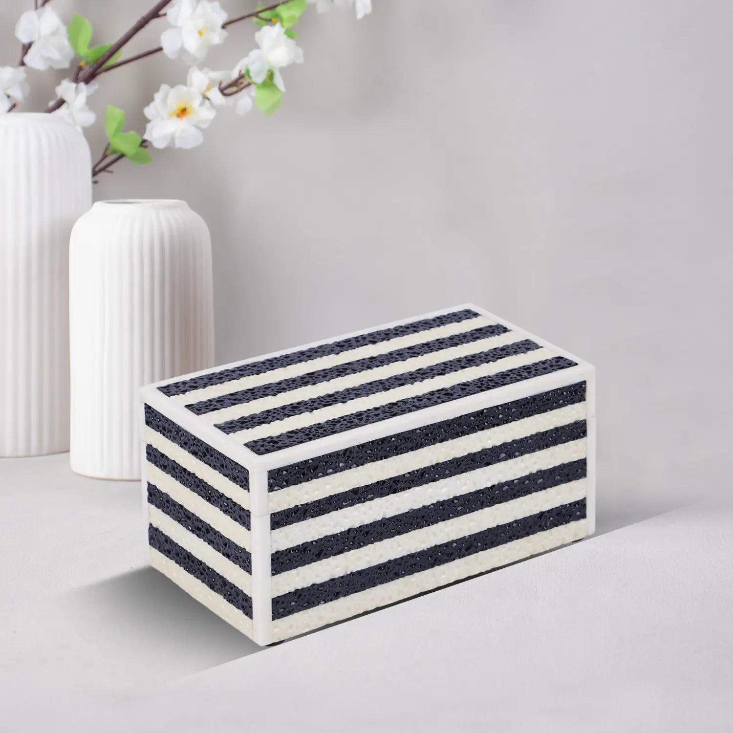 Decorative Storage Boxes Monochrome Striped Resin Inlay, Black-White, 4 Sizes