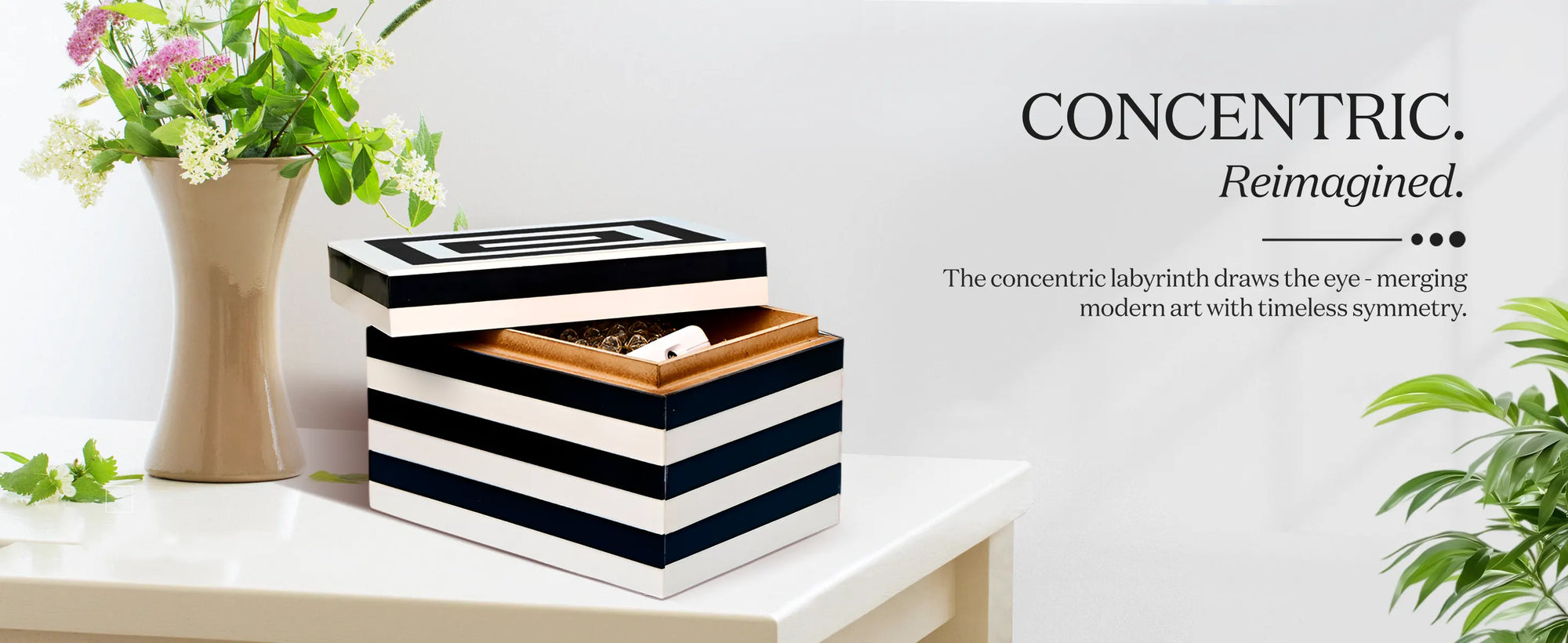 Medley Concentrics Pattern Decorative Storage Box, Resin Inlay in 8 Sizes, Black & White